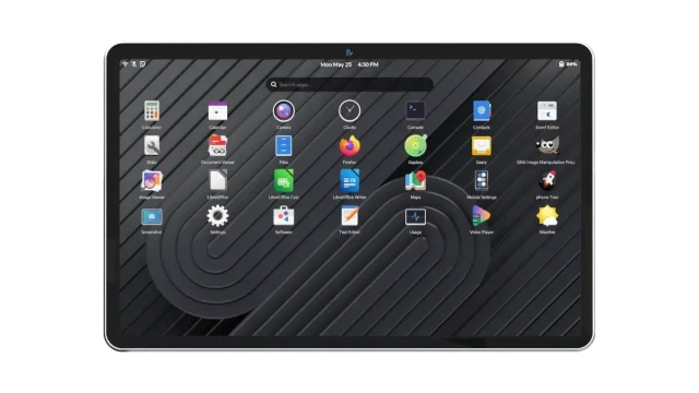 A photo of the Juno Tab 4 Wi-Fi tablet with the GNOME desktop environment.