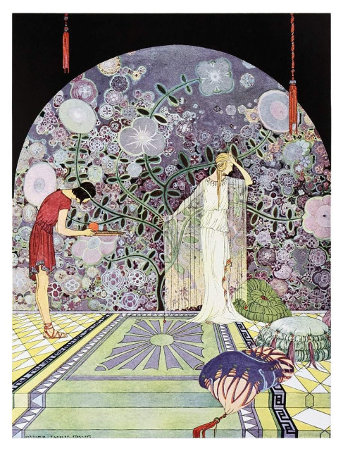 A woman stands before a large tapestry bearing a lavish floral pattern, gesturing to refuse a pomegranate offered on a tray by a bowing servant.