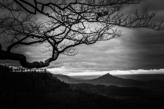 Schwarzweiß Aufnahme eines Traufs mit einem vorgelagerten Berg mit einer Burg. Im Vordergrund ragen große größtenteils unbelaubte Äste ins Bild und spiegeln in Ihrer Form die des Traufs. Die Landschaft ist hügelig und nimmt das untere Drittel des Bildes ein, am Horizont ein heller Streifen Himmel, darüber dramatische Bewölkung.