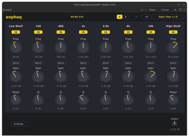 A screenshot of "anpheq" v0.1.2... a lovingly-crafted analogue-phase mastering EQ for Linux.