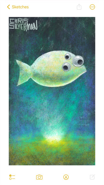 A white fish with tinges of yellow and green hovers in a dark space. The fish has three eyes, and all of them look like the googly eyes from a craft store. Below the fish is a hole in the ground through which white light is blazing. The ground is a blurry greenish-yellow color, with indigo tinges. The painting is signed "Chris Silverman".
