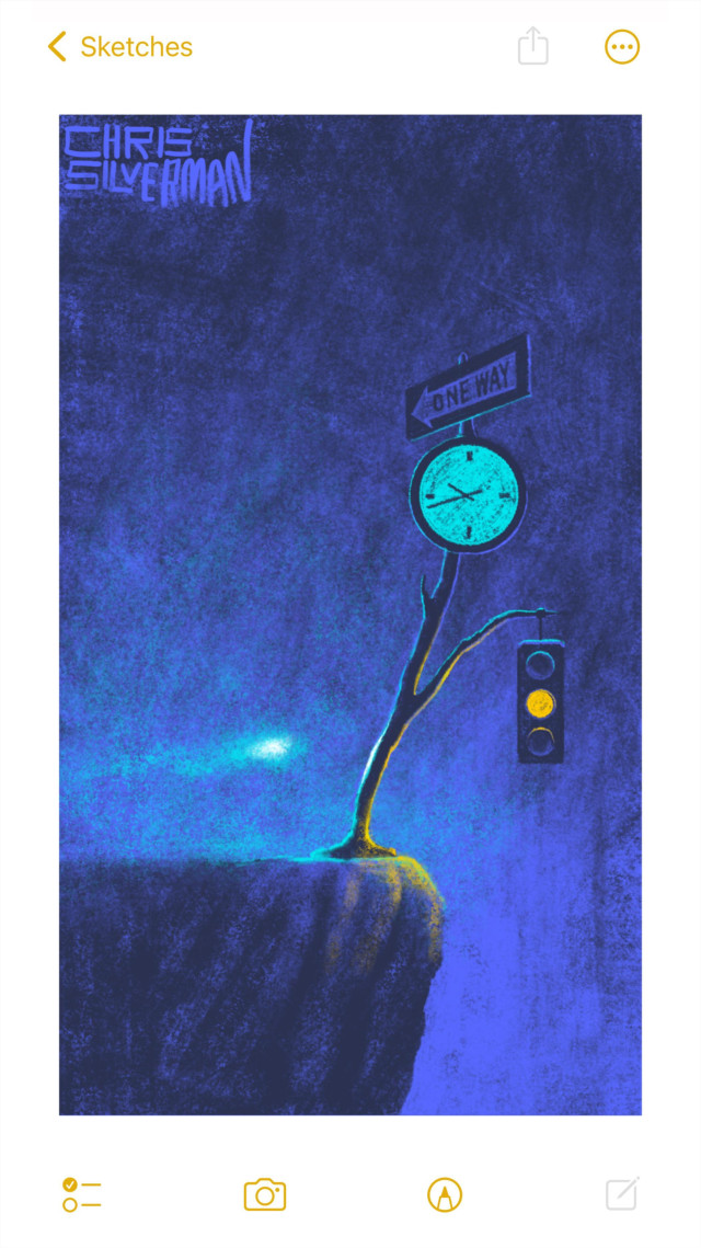 The edge of a cliff, seen in a dark, lightless, indigo space. At the very edge of the cliff, leaning off it, is a structure that looks sort of like a cross between a lamppost and a tree trunk with very few branches. On the topmost branch is a "one way" sign pointing left, and a glowing green analog clock. Hanging from a lower branch is a traffic light displaying an orange signal. On the left side of the painting, approaching the structure, is a glowing bluish wisp. A green fog hangs in the air. The painting is signed "Chris Silverman."