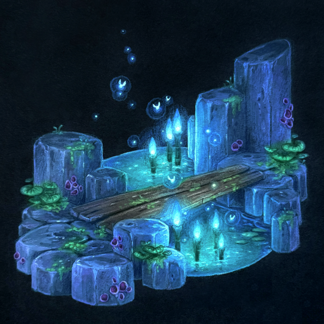 A mixed media painting on black paper of a small pond surrounded by overgrown columnar basalt. Wooden planks cross the space over the pond in which grow torch-like plants that emit a soft blue glow. Glowing insects and dust particles hover above the scene.