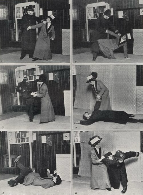 suffragette, martial artist *AND* playwright, edith garrud, demonstrates how to use jiujitsu to take down a copper