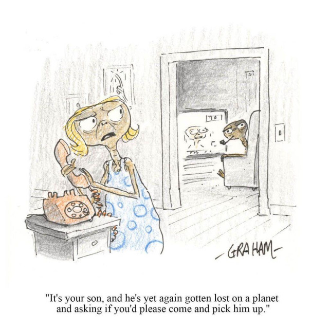 A cartoon illustration of a mother ET holding the phone and speaking to a father ET who is watching television. Caption reads "It's your son, and he's yet again gotten lost on a planet and asking if you'd please come and pick him up."