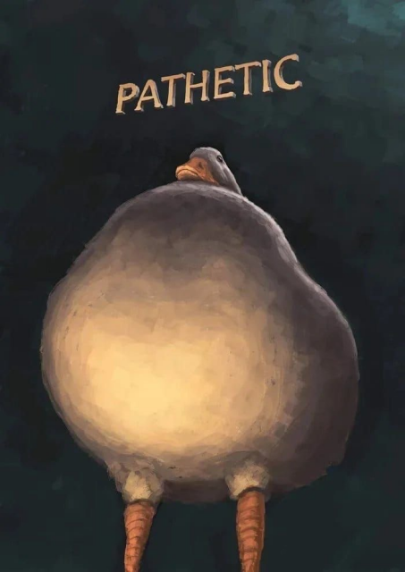 A digital painting of a round, heavily stylized duck looking down with a stern, judgmental expression. Above its head, the word "PATHETIC" is written in a stylized, bold font against a dark, textured background.