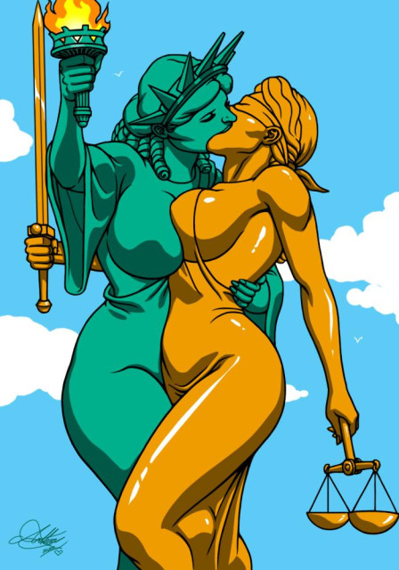 “LADY LIBERTY x LADY JUSTICE 3”, an illustration of an oxidized Statue of Liberty making out with a golden statue of Lady Justice, by @kaywest@deviantart.com.