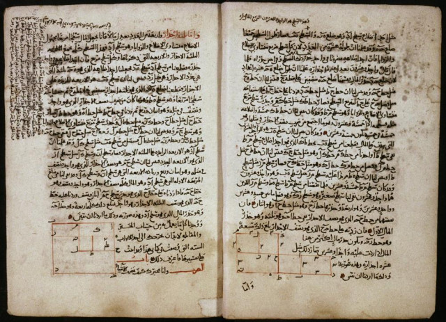 Pages from a 14th-century Arabic copy of the book, showing geometric solutions to two quadratic equations.

A double-page spread from a medieval Arabic manuscript, densely written in black Arabic script with red ink highlighting key terms and headings, and featuring small geometric grid diagrams with numerals in red at the bottom of each page.

https://en.wikipedia.org/wiki/Al-Jabr#/media/File:Bodleian_MS._Huntington_214_roll332_frame36.jpg