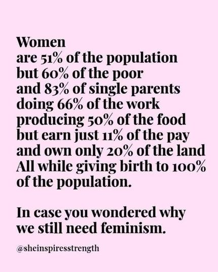 Women
are 51% of the population
but 60% of the poor
and 83% of single parents
doing 66% of the work
producing 50% of the food
but earn just 11% of the pay
and own only 20% of the land
All while giving birth to 100%
of the population.

In case you wondered why
we still need feminism.

@sheinspiresstrength
