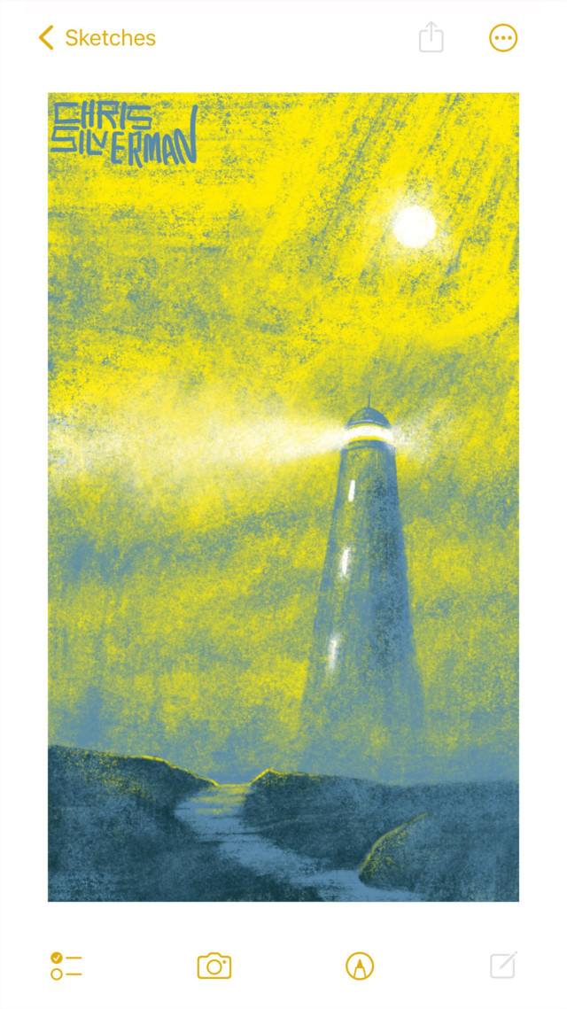 A small path winds across a rocky landscape towards a lighthouse looming out of the fog, set against a cloudy yellow sky. There are three glowing white windows in the side of the lighthouse. It casts a white beam across the sky. A round white moon sits in the top right of the sky. The painting is signed "Chris Silverman".