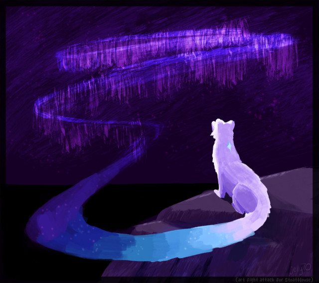 A purple-white winter stoat sits on a cliffside, looking up at an aurora in the sky at night. The aurora's swirls connect seamlessly with the creature's tail.