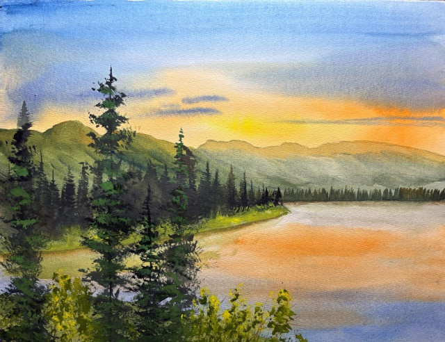 Painting of sunrise on Riser Lake, Yukon, Canada. 