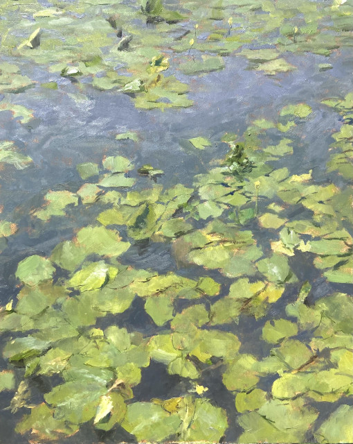Plein air oilpainting of some water lilies. They are painted very roughly, with random dark lines and accents in them. Also, there is glare on the foto so it’s also badly photographed. 24x30cm oil on panel. Painted in way too many hours (but still in one sitting)