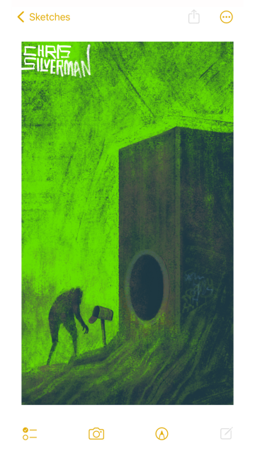 A tall vertical concrete face sticks out of sloped, rocky ground. Imagine a tenement building, except it has no windows and one large, round conduit opening at the base. Green moss covers the rocks and forms drip patterns leading down from the opening of the pipe. A few faded tags of graffiti are on one side. The sky is eerily green, with a dim treeline in the background. A hunched, goblinesque figure stands on the rocky ground outside the pipe, looking into a small mailbox. The painting is signed "Chris Silverman".