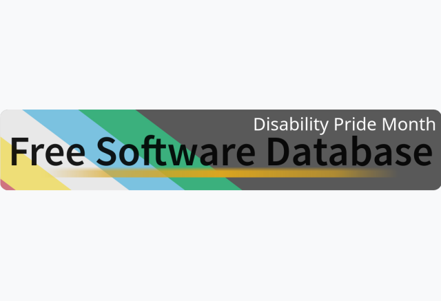 Logo of the Free Software Database (FSWDB) with the Disability Pride Flag in the background, for celebrating the Disability Pride Month.