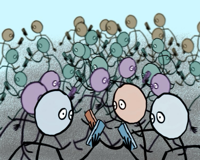 A bunch of walking stick figures staring intently into their smartphones.