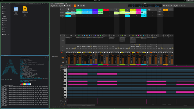 nautilus, Black Box and Bitwig Studio with PaperWM on GNOME.