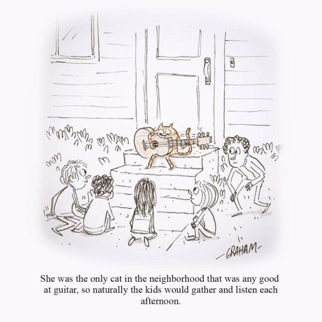 A cartoon illustration of an orange cat on a house stoop playing an acoustic guitar as neighborhood children gather on the steps and lawn. Caption reads "She was the only cat in the neighborhood that was any good at guitar, so naturally the kids would gather and listen each afternoon."