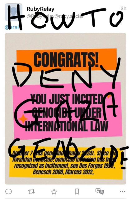 In rough lettering,
"How to deny Gaza genocide",
has been placed over an infographic that could have been used to cover-up and make silence around Israel's genocide in Gaza