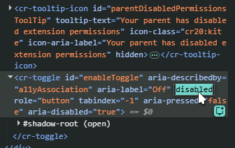 Devtools, removing the "disabled" attribute from the cr-toggle html element.
