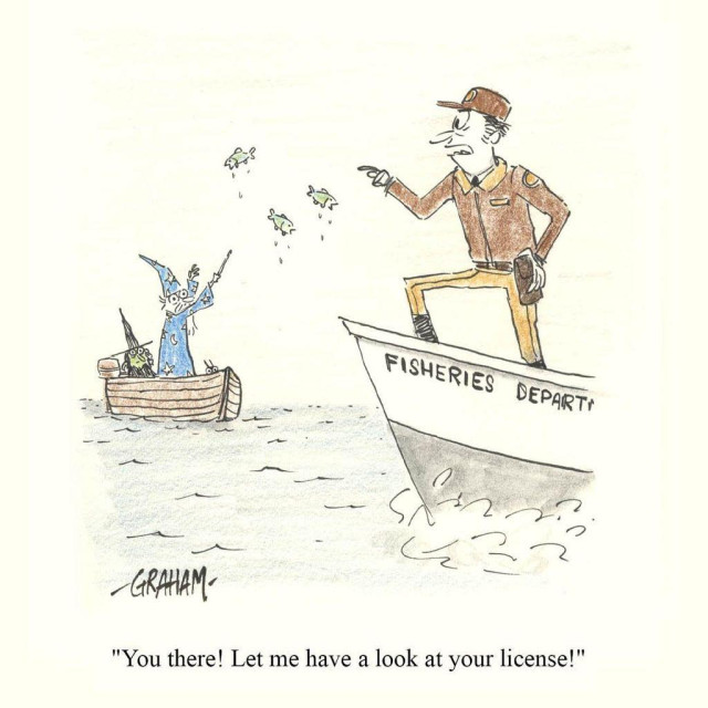 A fisheries officer standing on a patrol boat angrily demands to see a license from a wizard in a tiny rowboat who is conjuring small fish with a wand; caption reads, "You there! Let me have a look at your license!"