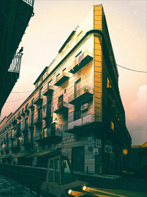 Illustration of a wedge shaped corner building in Palermo, Sicily. It's early morning and a car is driving down an empty street. Businesses are closed but a few upstairs apartments have lights on. The building is covered with wrought iron balconies.