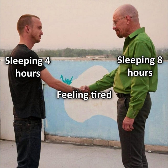A meme featuring Jesse Pinkman and Walter White from Breaking Bad shaking hands outdoors. Jesse is on the left, labeled "Sleeping 4 hours", and Walter is on the right, wearing a green shirt, labeled "Sleeping 8 hours". Their clasped hands in the center are labeled "Feeling tired".