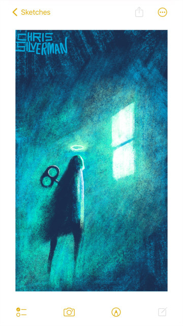 A dark, shadowy figure stands in the darkness under a glowing greenish-white window. The figure has a clock key sticking out of its back, and a glowing white halo above its head. It is standing in the green glow from the window. The painting is signed "Chris Silverman".
