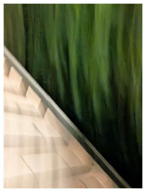 blurred, abstract image. white porch railing triangle at bottom left and streaks of green-leafed branches fill the rest.