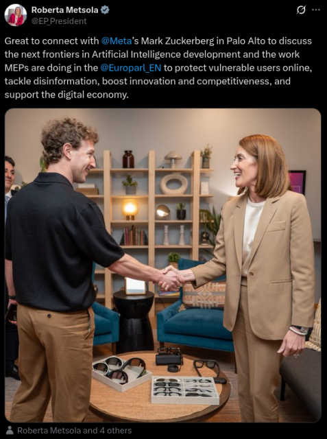 Parliament President Roberta Metsola (EPP) who revived Chat Control 1.0 shaking hands with Mark Zuckerberg.

