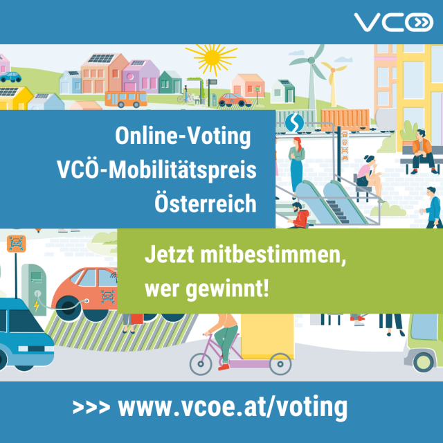 Sujet  zum Online-Voting beim VCÖ-Mobilitätspreis Österreich 2026 - www.vcoe.at/voting Text: Online-Voting VCÖ-Mobilitätspreis Österreich. Jetzt mitstimmen wer gewinnt