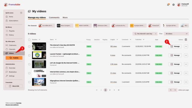To manage your video:

1. Click on the "Videos" menu
2. Click on the "manage" button of your video