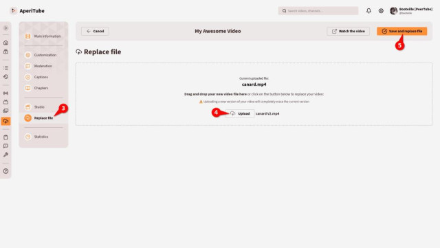 Screenshot of the next steps to update your video file:

3. Click on "Replace file"
4. Click on "Upload"
5. Click on "Save and replace file"