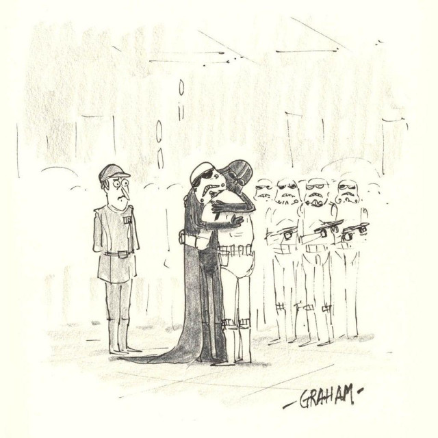 Darth Vader awkwardly embraces a blushing stormtrooper while a row of expressionless troopers stand at attention and an Imperial officer looks on disapprovingly, turning a stern military scene into an unexpectedly tender moment.