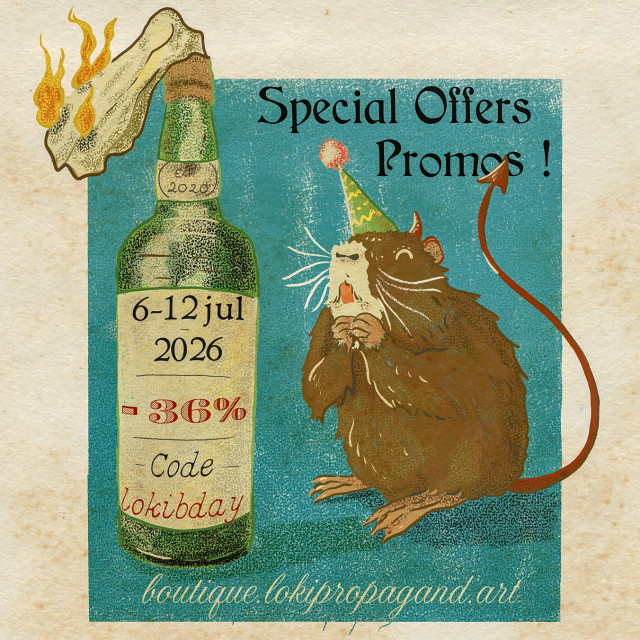 Vintage style advert for the special offers mentioned in the toot. A devilish coypu wearing a party hat is happy to see a giant molotov cocktail in front of him