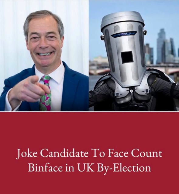 Photos of Nigel Farage and Count Binface. 

Caption reads: Joke Candidate To Face Count Binface in UK By-Election