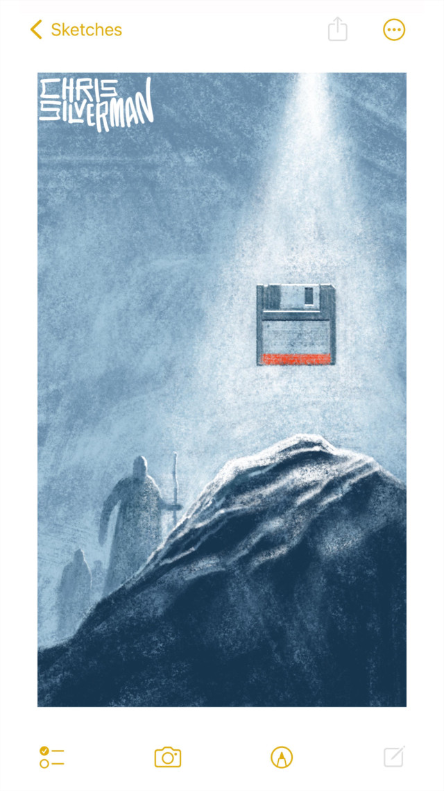 A rocky mountain peak under a gray sky. Hovering directly above the peak, fixed in a beam of white light, is a 3.5 inch floppy disk with a white red-striped label. If you grew up in the 90s, you probably still have at least one of these somewhere. Slightly farther down, approaching the hovering disk, are several people wearing robes. One of them is holding a staff. The painting is signed "Chris Silverman".
