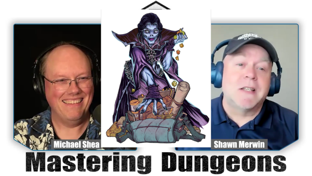 Mike and Shawn discuss the news. Art of a female lich sifting through treasure is superimposed, from Mike's latest book.
