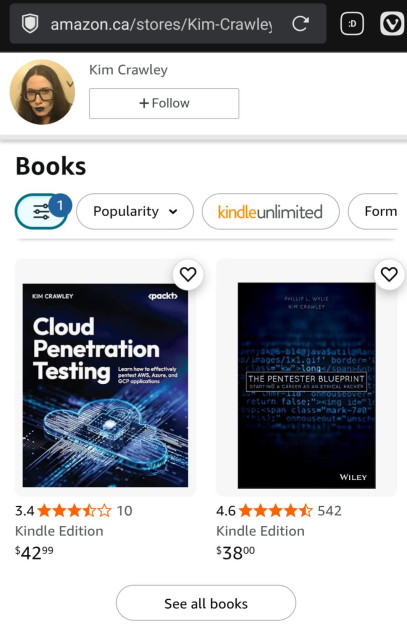 Screenshot from my Amazon author page with Cloud Penetration Testing and the Pentester Blueprint.