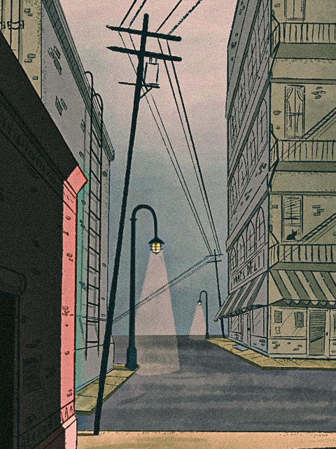 Illustration of a view from an alley looking a a corner of a city block. Done in kind of a mid century cartoon background art style. There's some crooked telephone poles and a few street lights lining the street off into the distance.