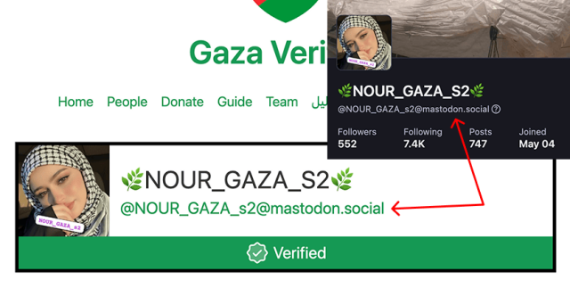 Screenshots of matching Gaza verified and Mastodon profiles with arrows pointing to the usernames.