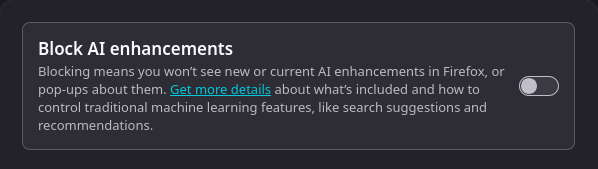 Images shows the "Block AI enhancements" settings for Firefox.