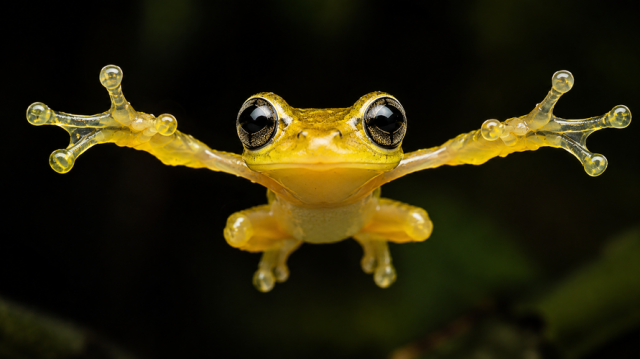 Photo of a little yellow frog against a black background, jumping towards the camera.