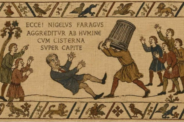 A cartoon in the style of the Bayeux Tapestry showing Nigel Farage being attacked by a man with a bin on his head. There is a caption in poor Latin "ECCE! NIGELVS FARAGVS AGGREDITVR AB HVMINE CVM CISTERNA
SPER CAPITE" describing the scene