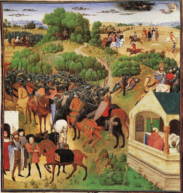 The eight phases of the Song of Roland in one picture; illustration by Simon Marmion from an illuminated manuscript of the Grandes Chroniques de France (15th century), currently preserved in the Hermitage Museum in Saint Petersburg.

A crowded mass of armored knights clashes in the center-left foreground; nobles and clergy watch near a city gate at bottom left; a small chapel with clerics reading sits at bottom right; mounted courtiers and falconers appear at top right; and dark, symbolic cloud shapes with faint winged figures frame the upper corners. Rolling hills and a distant town fill the background.