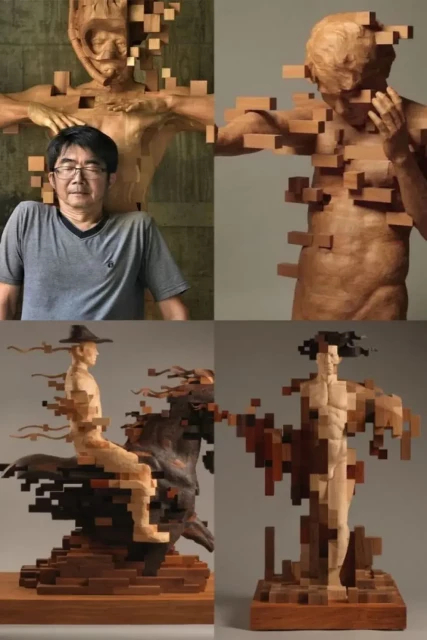 Top-Left (Artist Portrait): Features Han Hsu-Tung standing in front of his 2017 masterwork, "Snorkeling". The floating pixels above the figure ingeniously mimic rising air bubbles and the visual sensation of a diver submerging underwater. 

Top-Right: A male torso with protruding blocks that mimics a kinetic disturbance across the figure's chest. 

Bottom-Left: A complex sculpture of a figure riding a horse, where both the horse's flowing mane and the rider's form are caught in a state of pixelated suspension.

Bottom-Right: A standing male figure that seamlessly emerges from a heavily pixelated block base.