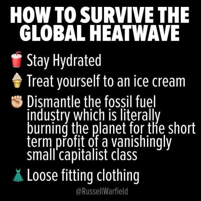HOW TO SURVIVE THE GLOBAL HEATWAVE

Stay Hydrated

Treat yourself to an ice cream

Dismantle the fossil fuel industry which is literally burning the planet for the short term profit of a vanishingly small capitalist class

Loose fitting clothing

@RussellWarfield