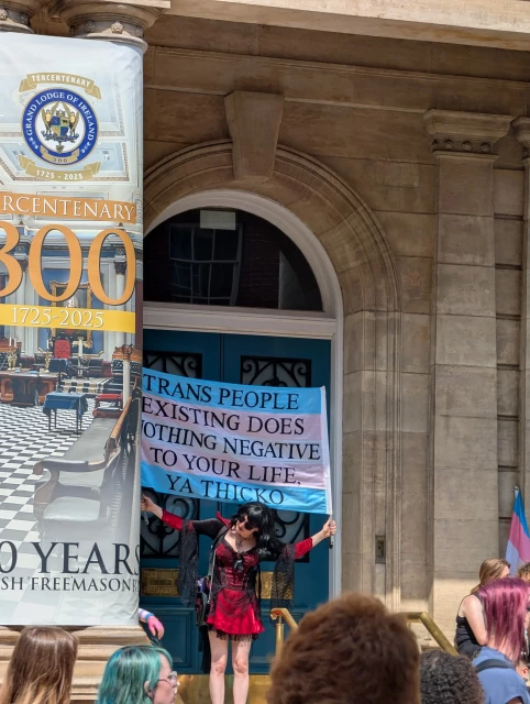 A protestor at Trans and Intersex Pride in Dublin holds aloft a trans flag banner that reads: "Trans people existing does nothing negative to your life ya thicko"