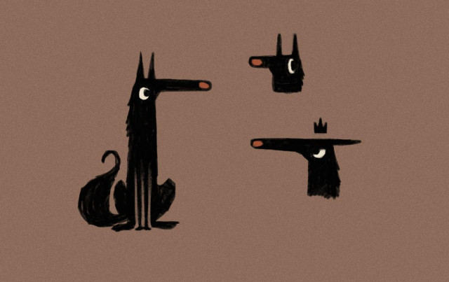 Three highly stylised, sketchy illustrations of a black dog with large eyes and a long snout with a red nose.