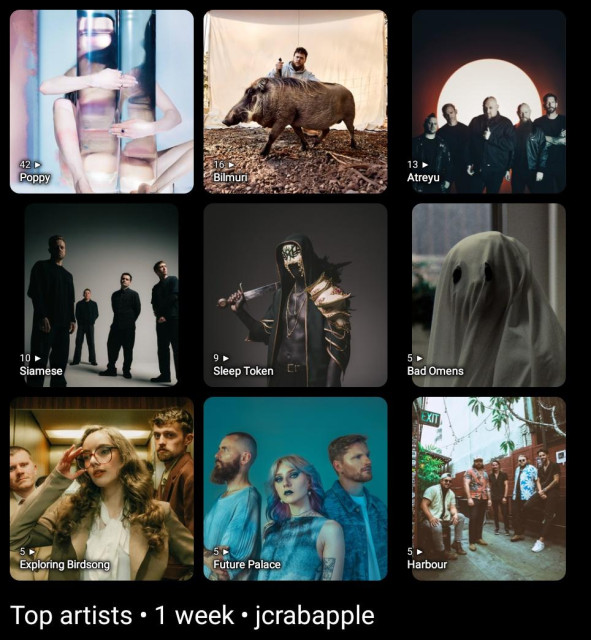 Top artists • 1 week • jcrabapple

1. Poppy
2. Bilmuri
3. Atreyu
4. Siamese
5. Sleep Token
6. Bad Omens
7. Exploring Birdsong
8. Future Palace
9. Harbour